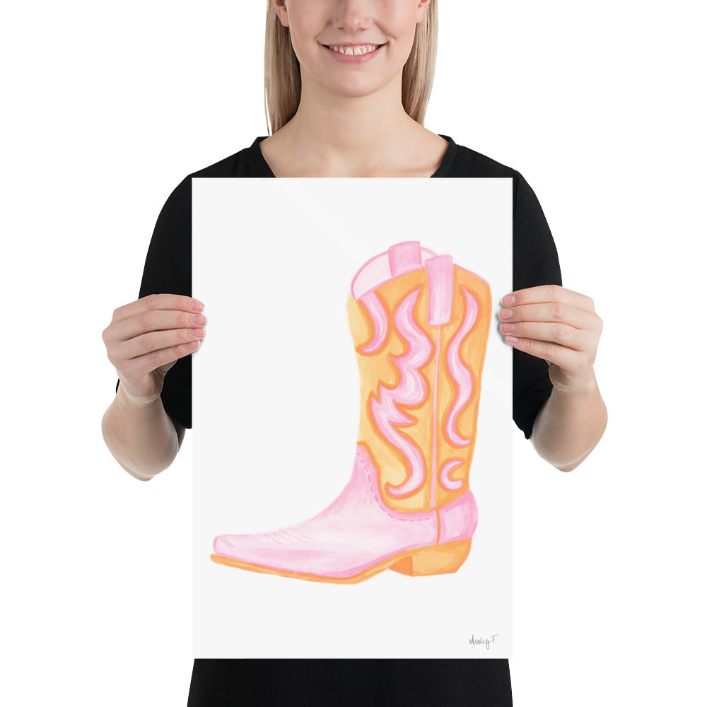 Print | Pink & Orange Cowboy Boot | Cowgirl Art | Dorm Decor | Southern | Preppy | Western | Coastal Cowgirl | Pink and Orange Wall Art