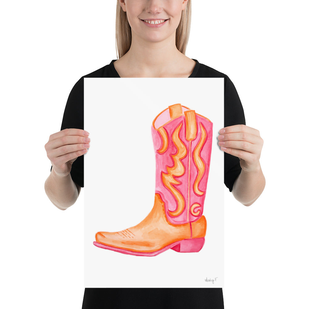 Print | Hot Pink & Orange Cowboy Boot Watercolor |  Coastal Cowgirl Southern Rustic Western Colorful Fun Dorm Room Poster Decor