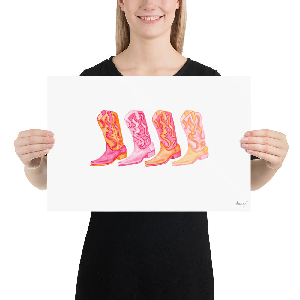 Print | Row of Mini Hot Pink & Orange Cowboy Boots Watercolor | Coastal Cowgirl Southern Rustic Western Colorful Fun Dorm Room Poster Decor