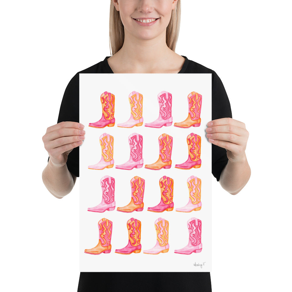 Print | Rows of Mini Hot Pink & Orange Cowboy Boots Watercolor |  Coastal Cowgirl Southern Rustic Western Colorful Fun Dorm Room Poster Decor