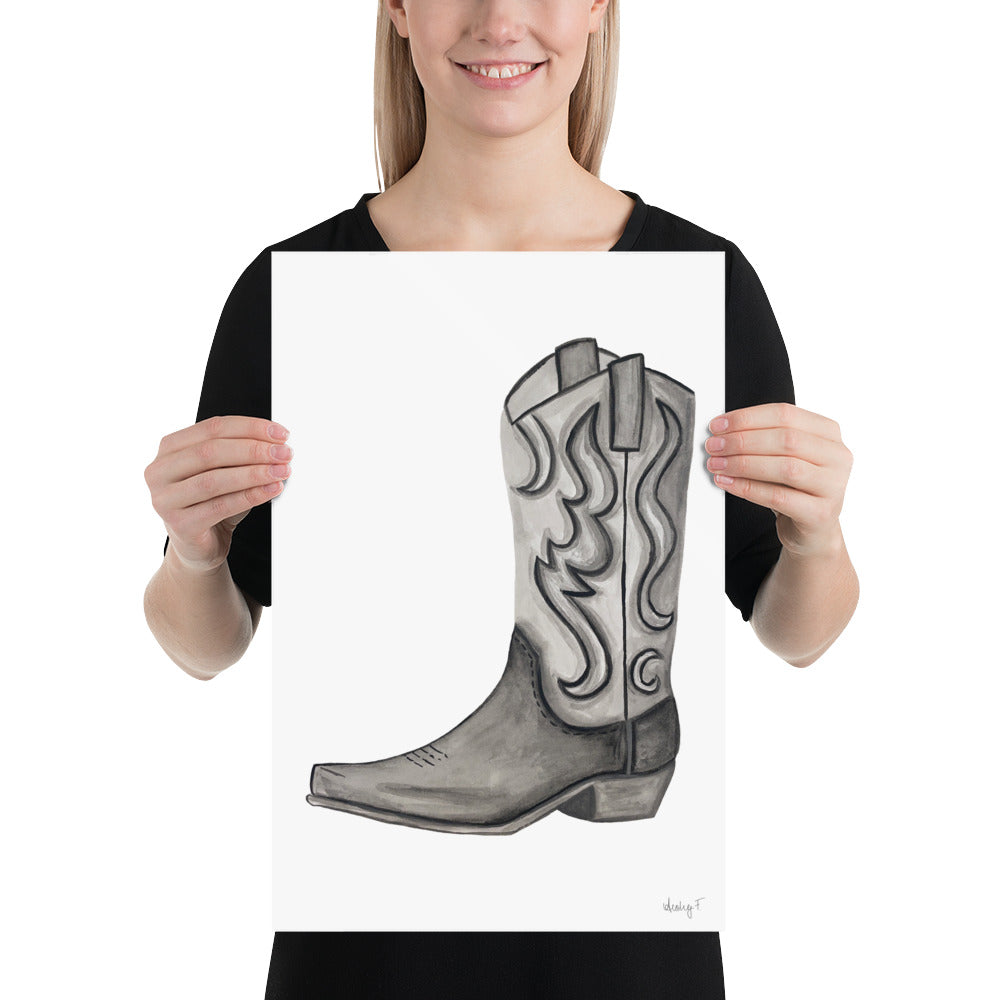 Print | Black & Gray Tonal Watercolor Cowboy Boot Painting Post | Rustic Decor | Southern | Western