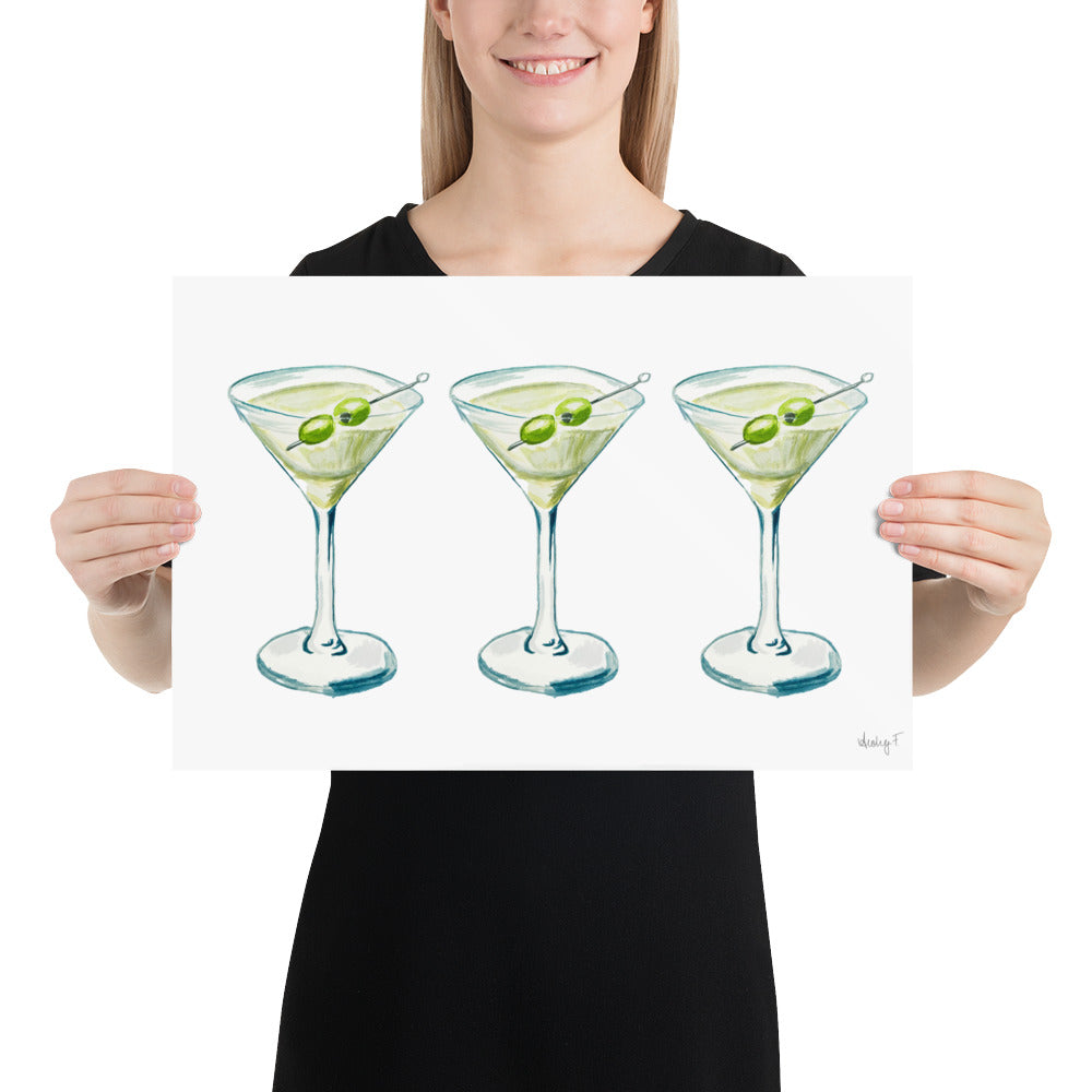 Print | Watercolor Green & Blue Martini Trio Painting | Bar Cart Decor | Cocktail Art Poster Poster