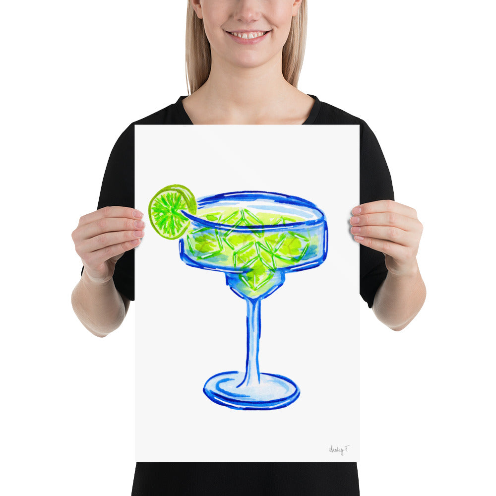 Print | Bright Blue Tequila Margarita Watercolor | Blue Green | Bar Cart Cocktail Kitchen Art Wall Decor | Coastal Cowgirl | Dorm Preppy