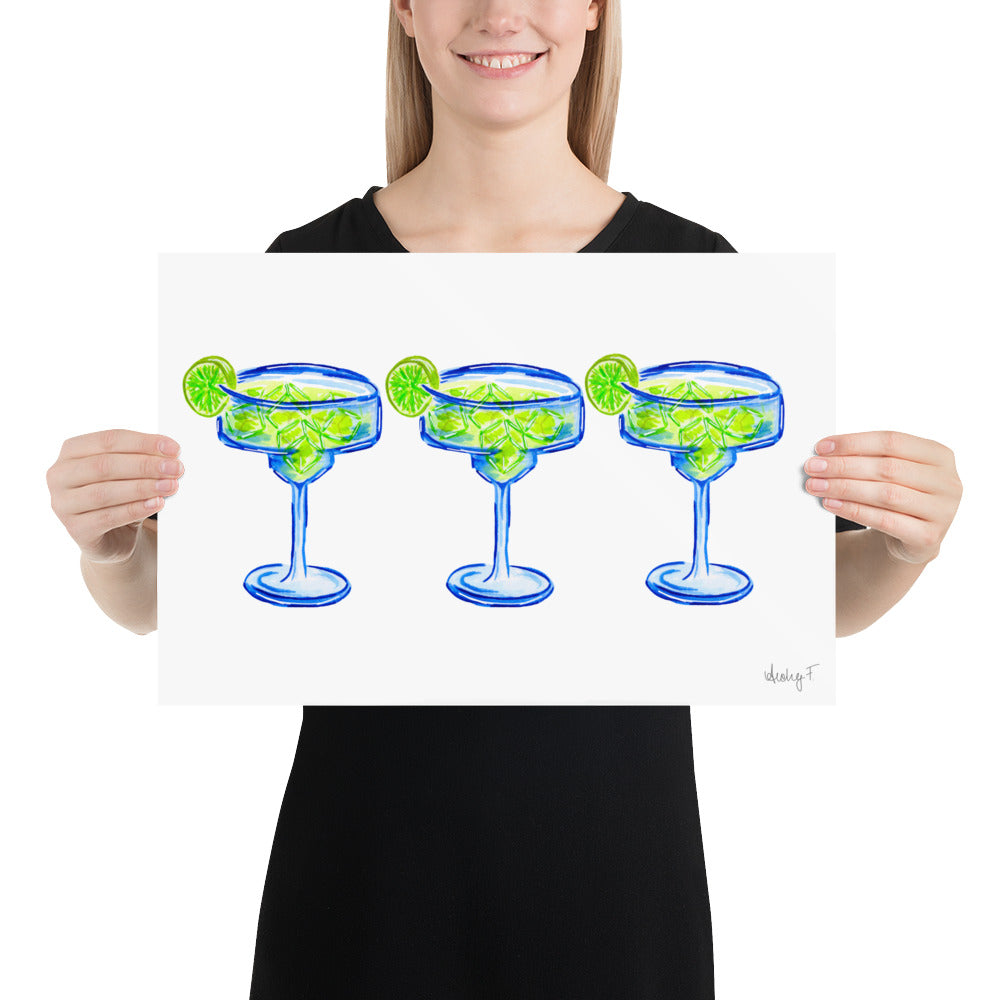 Print | Bright Blue Tequila Margarita Watercolor Trio| Blue Green | Bar Cart Cocktail Kitchen Art Wall Decor | Coastal Cowgirl | Dorm Preppy
