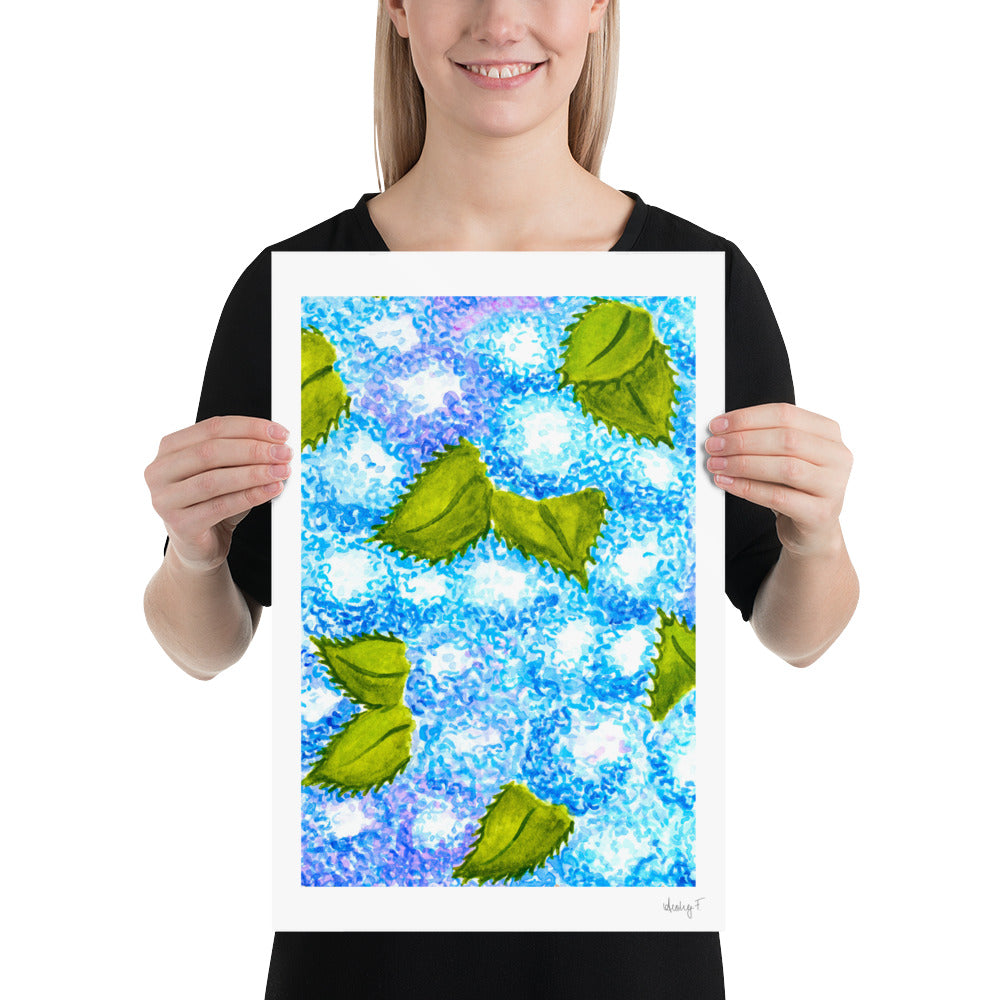 Print | Blue Hydrangea Blooms Watercolor | Coastal Grand Millenial Wall Art Decor | Hamptons |Nantucket New England Summer Garden