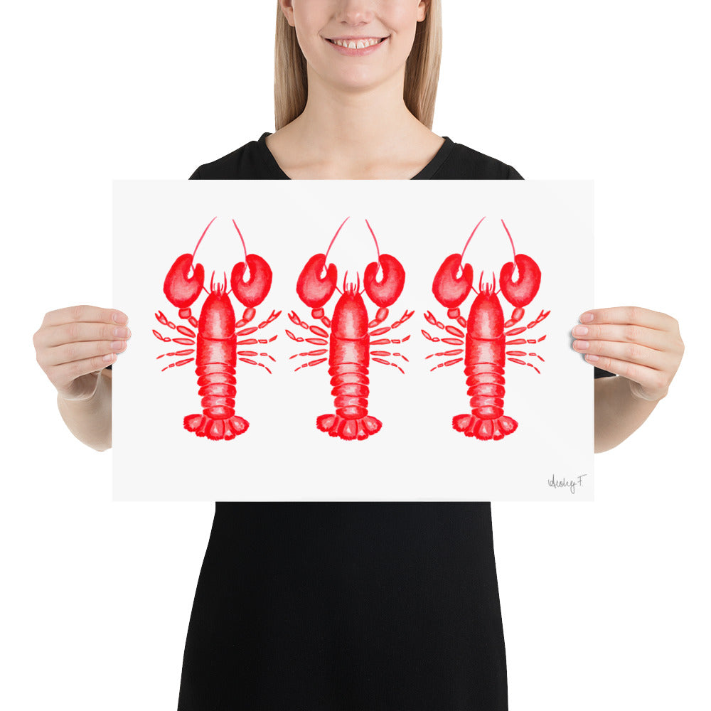 Print | Red Lobster Watercolor Trio | Coastal Nautical Ocean Decor Wall Art | New England Nantucket Capecod