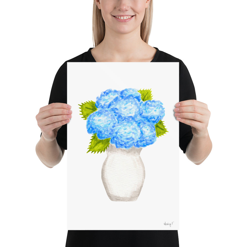 Print | Blue Hydrangea Blooms in Cream Vase Watercolor | Various Sizes