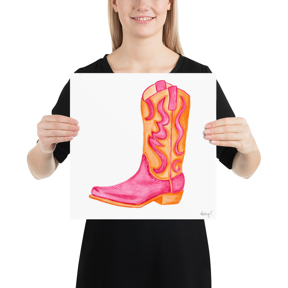Print | Hot Pink & Orange Cowboy Boot Watercolor | Coastal Cowgirl Southern Rustic Western Colorful Fun Dorm Room Poster Decor