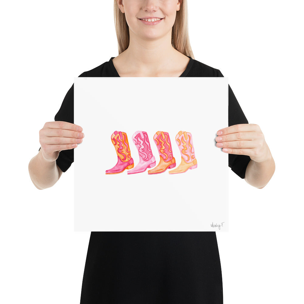 Print | Row of Mini Hot Pink & Orange Cowboy Boots Watercolor | Coastal Cowgirl Southern Rustic Western Colorful Fun Dorm Room Poster Decor