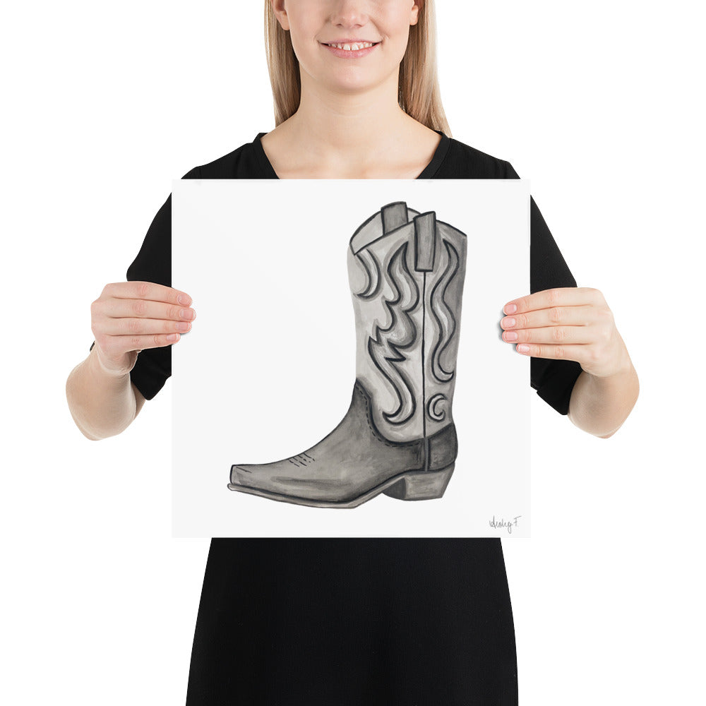 Print | Black & Gray Tonal Watercolor Cowboy Boot Painting Post | Rustic Decor | Southern | Western