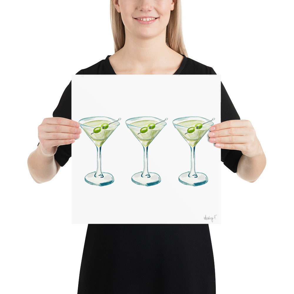 Print | Watercolor Green & Blue Martini Trio Painting | Bar Cart Decor | Cocktail Art Poster Poster
