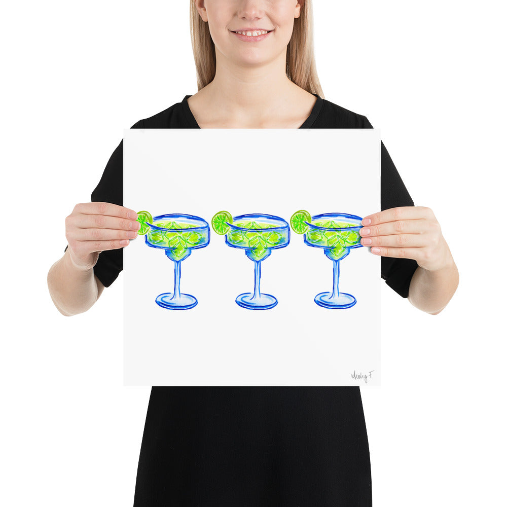 Print | Bright Blue Tequila Margarita Watercolor Trio| Blue Green | Bar Cart Cocktail Kitchen Art Wall Decor | Coastal Cowgirl | Dorm Preppy