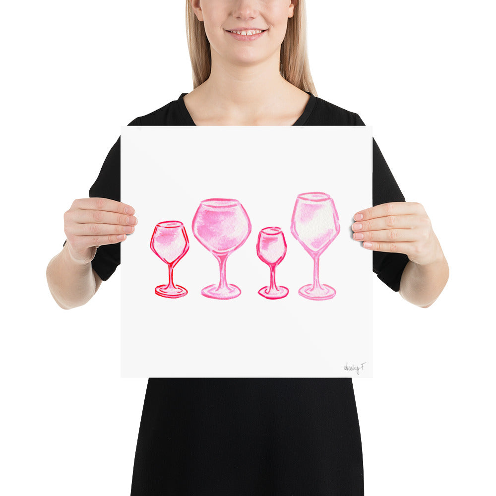 Print Pink Wine Glasses Watercolor Quad | Bar Cart Art Cocktail Wall Poster Kitchen