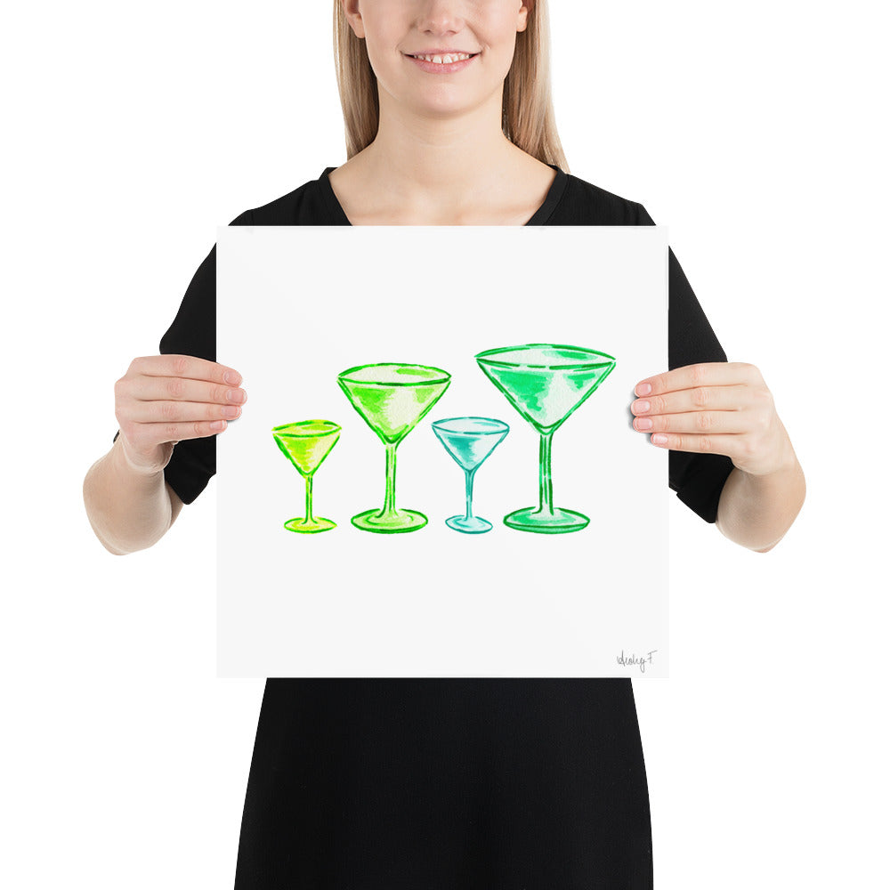 Print | Green Martini Glasses Quad Watercolor | Bar Cart Wall Poster Kitchen Decor Cocktail