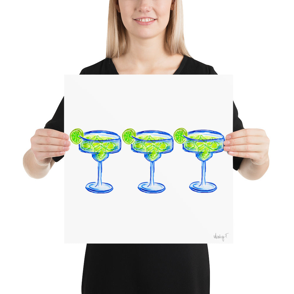 Print | Bright Blue Tequila Margarita Watercolor Trio| Blue Green | Bar Cart Cocktail Kitchen Art Wall Decor | Coastal Cowgirl | Dorm Preppy