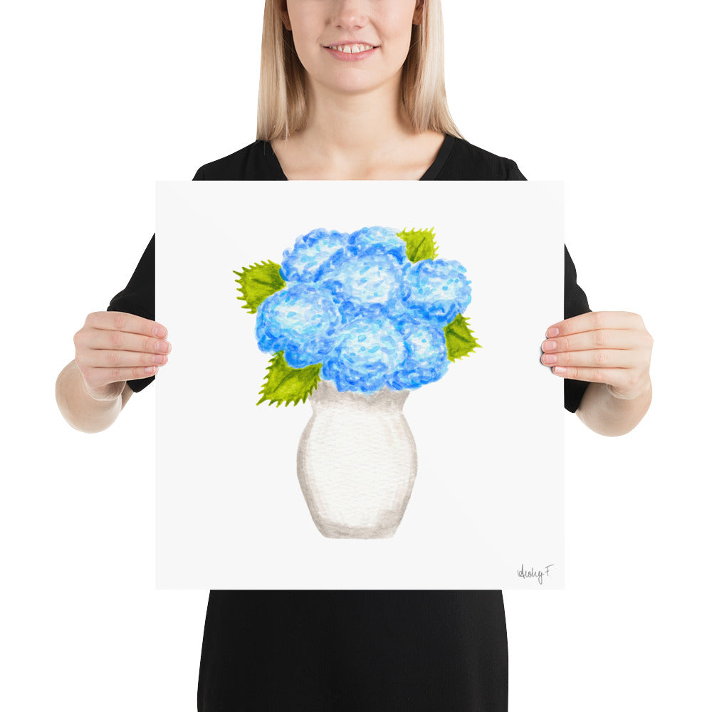 Print | Blue Hydrangea Blooms in Cream Vase Watercolor | Various Sizes
