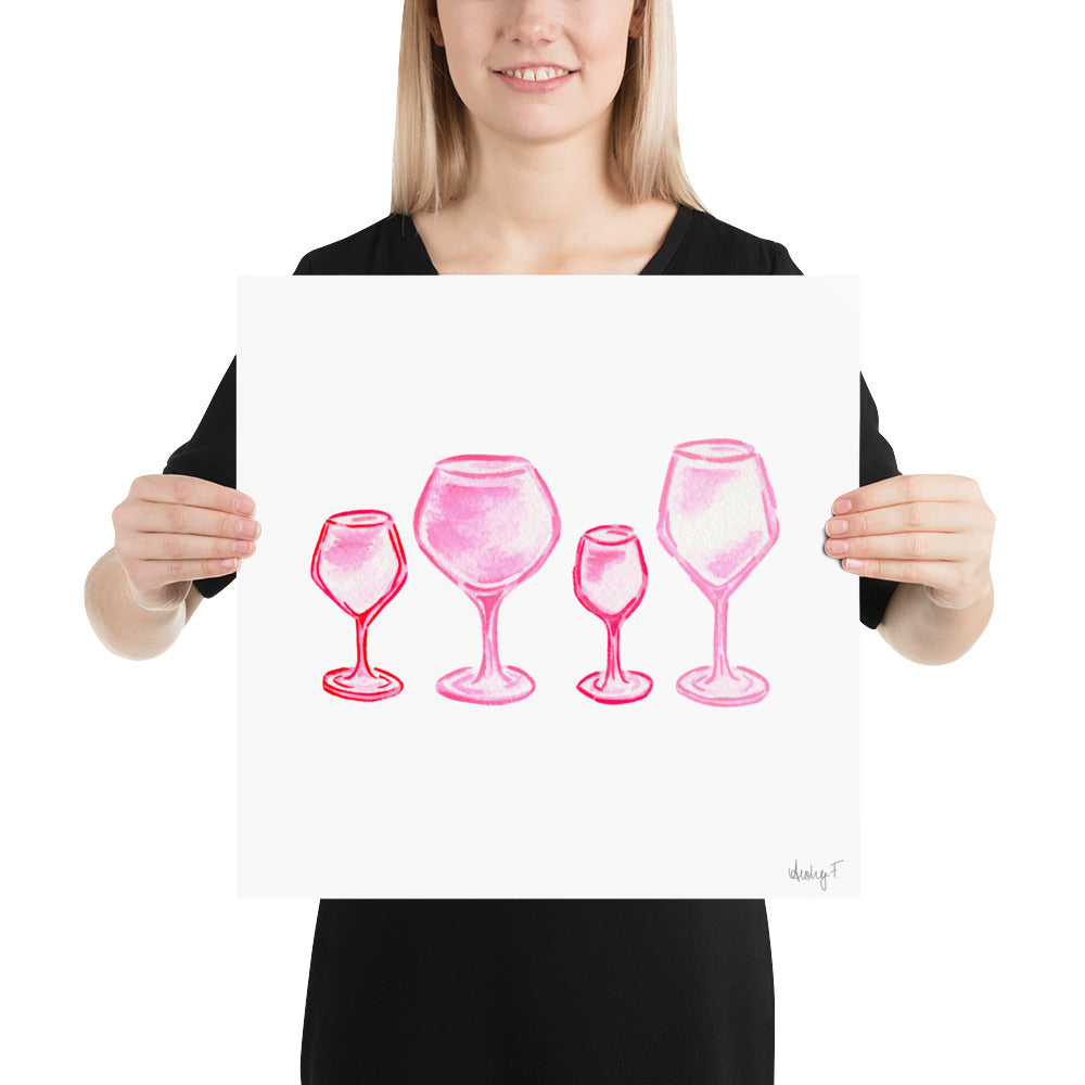 Print Pink Wine Glasses Watercolor Quad | Bar Cart Art Cocktail Wall Poster Kitchen