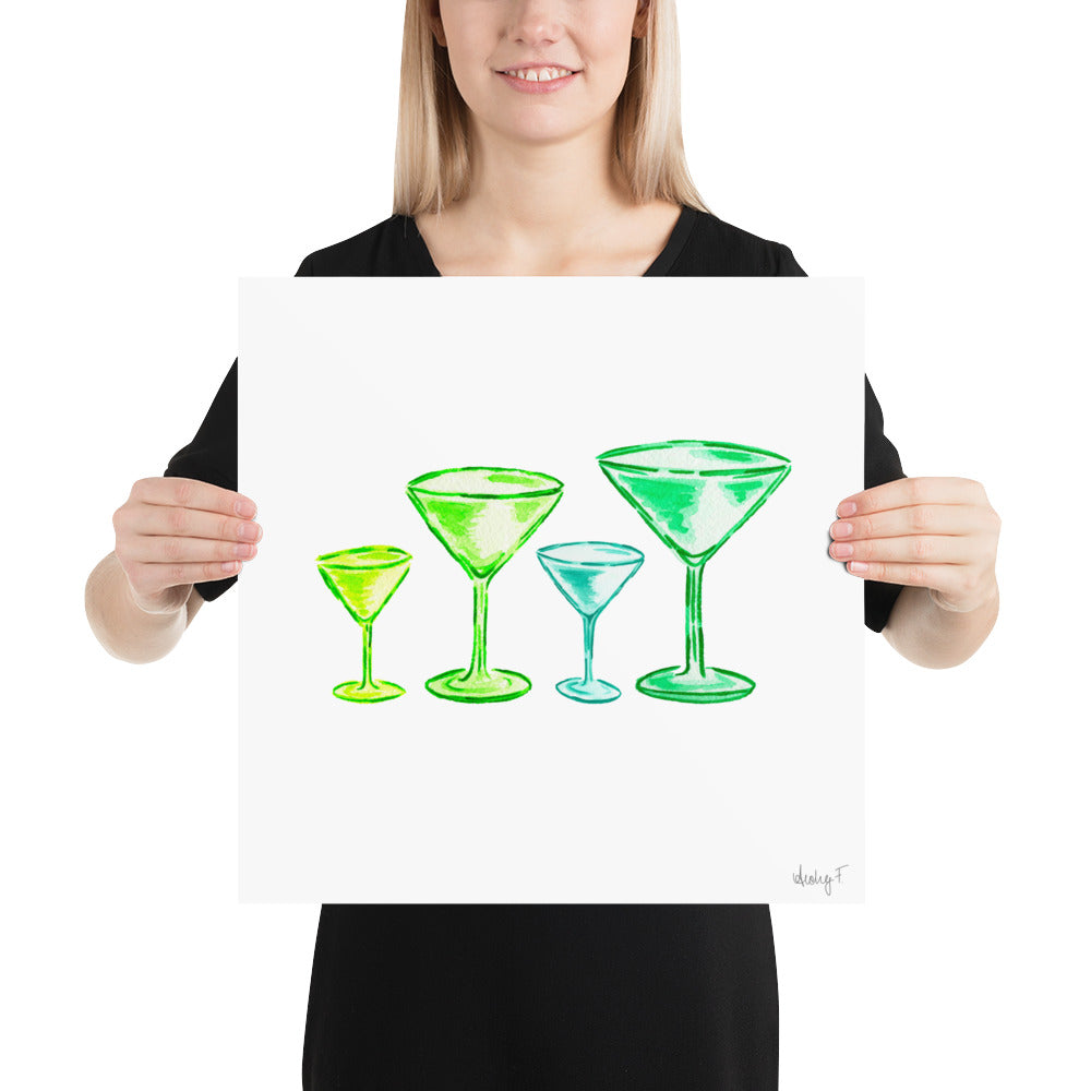 Print | Green Martini Glasses Quad Watercolor | Bar Cart Wall Poster Kitchen Decor Cocktail