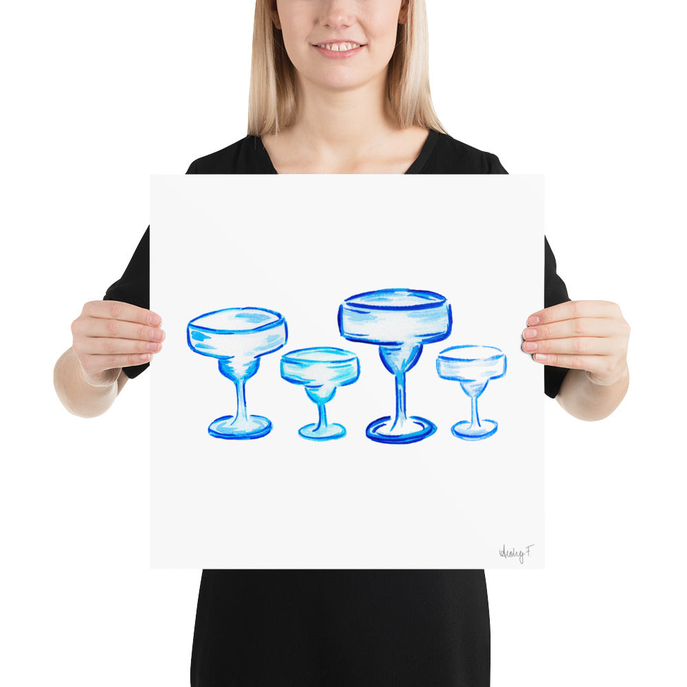 Print | Blue Margarita Glass Watercolor Quad | Bar Cart Cocktail Wall Art | Coastal Grandmother Preppy