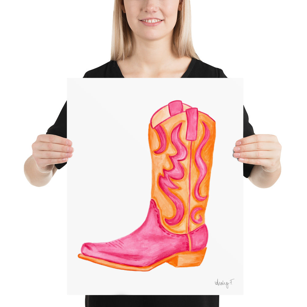 Print | Hot Pink & Orange Cowboy Boot Watercolor | Coastal Cowgirl Southern Rustic Western Colorful Fun Dorm Room Poster Decor