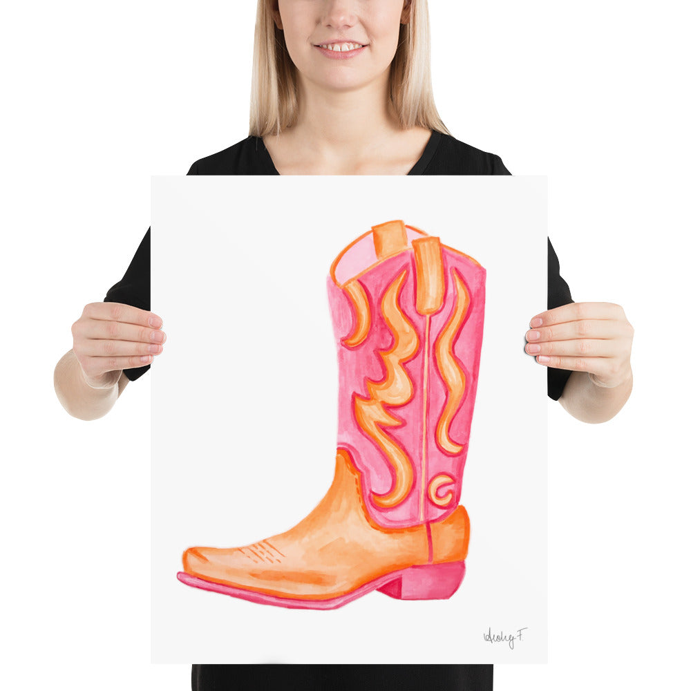 Print | Hot Pink & Orange Cowboy Boot Watercolor |  Coastal Cowgirl Southern Rustic Western Colorful Fun Dorm Room Poster Decor