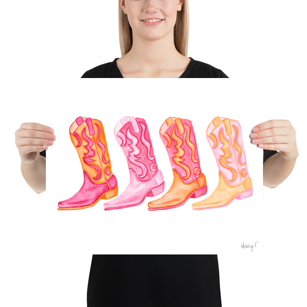 Row of Hot Pink & Orange Cowboy Boots