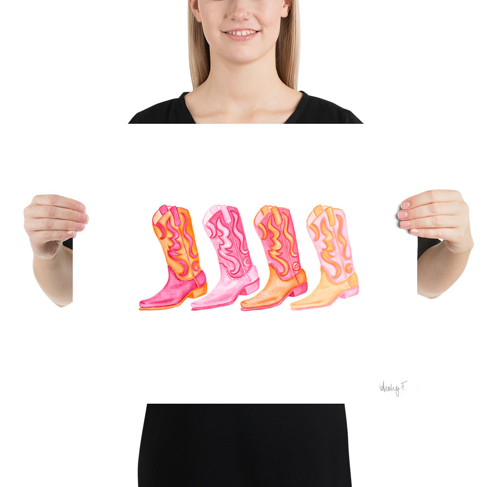 Print | Row of Mini Hot Pink & Orange Cowboy Boots Watercolor | Coastal Cowgirl Southern Rustic Western Colorful Fun Dorm Room Poster Decor
