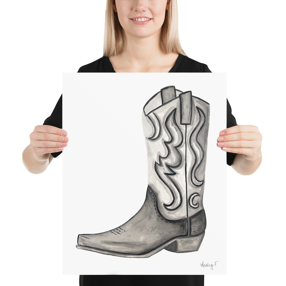 Print | Black & Gray Tonal Watercolor Cowboy Boot Painting Post | Rustic Decor | Southern | Western