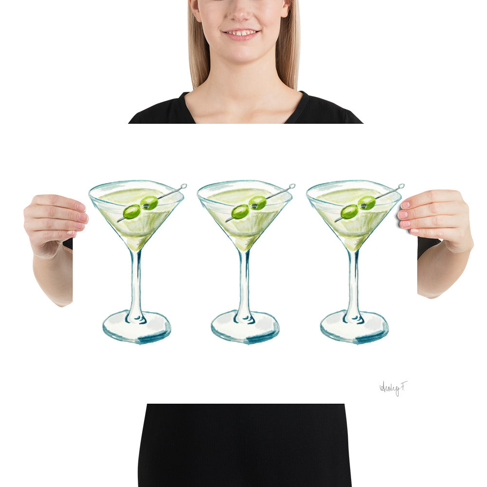 Print | Watercolor Green & Blue Martini Trio Painting | Bar Cart Decor | Cocktail Art Poster Poster