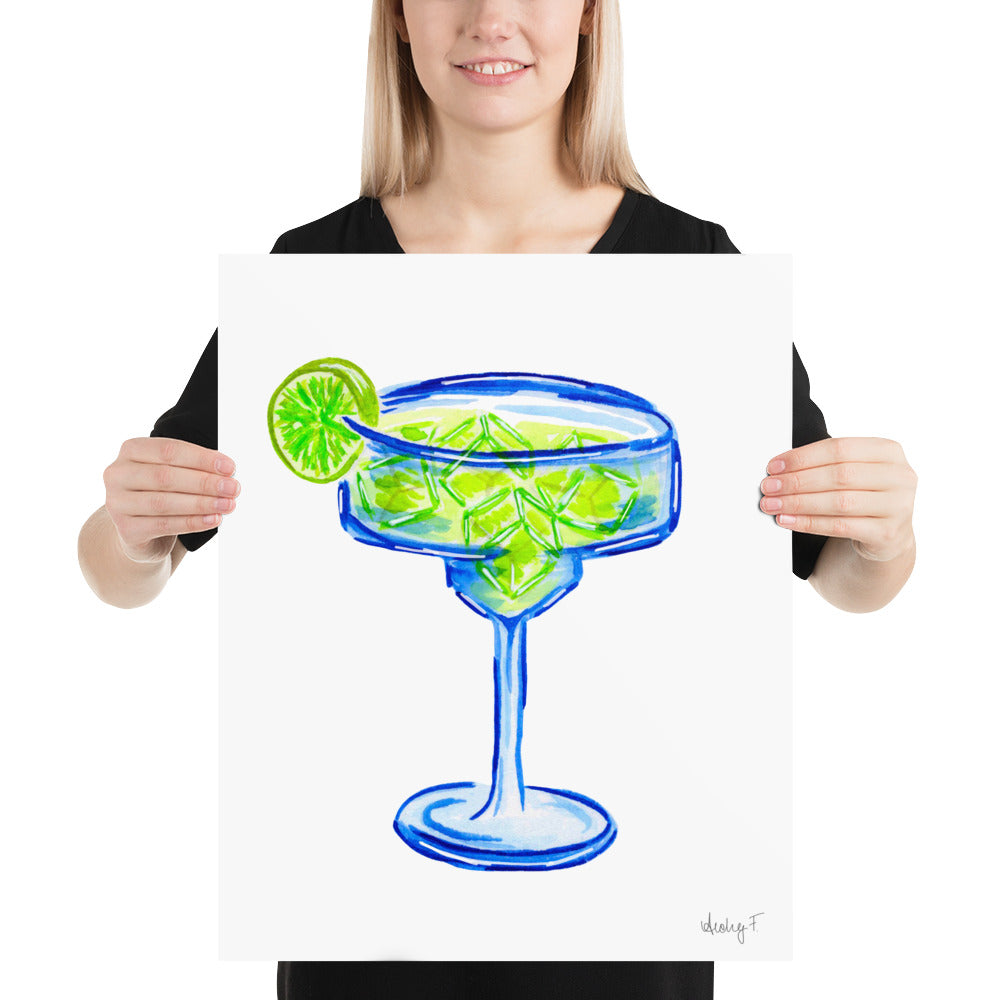 Print | Bright Blue Tequila Margarita Watercolor | Blue Green | Bar Cart Cocktail Kitchen Art Wall Decor | Coastal Cowgirl | Dorm Preppy