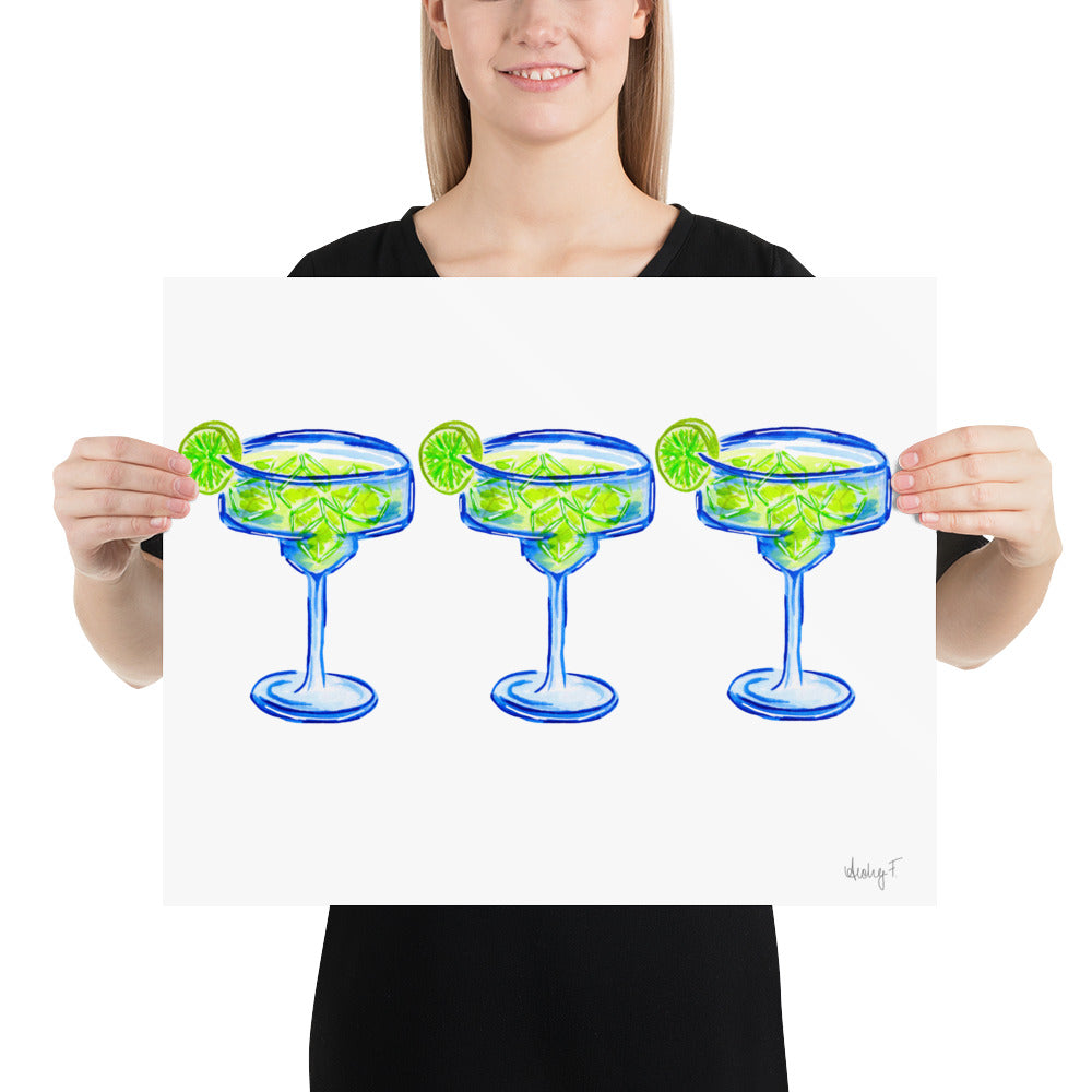 Print | Bright Blue Tequila Margarita Watercolor Trio| Blue Green | Bar Cart Cocktail Kitchen Art Wall Decor | Coastal Cowgirl | Dorm Preppy
