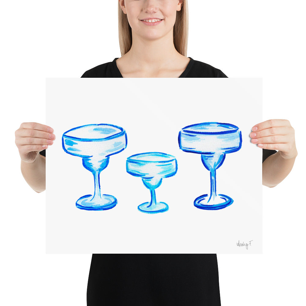 Print | Blue Margarita Glass Watercolor Trio | Bar Cart Cocktail Wall Art | Coastal Grandmother Preppy