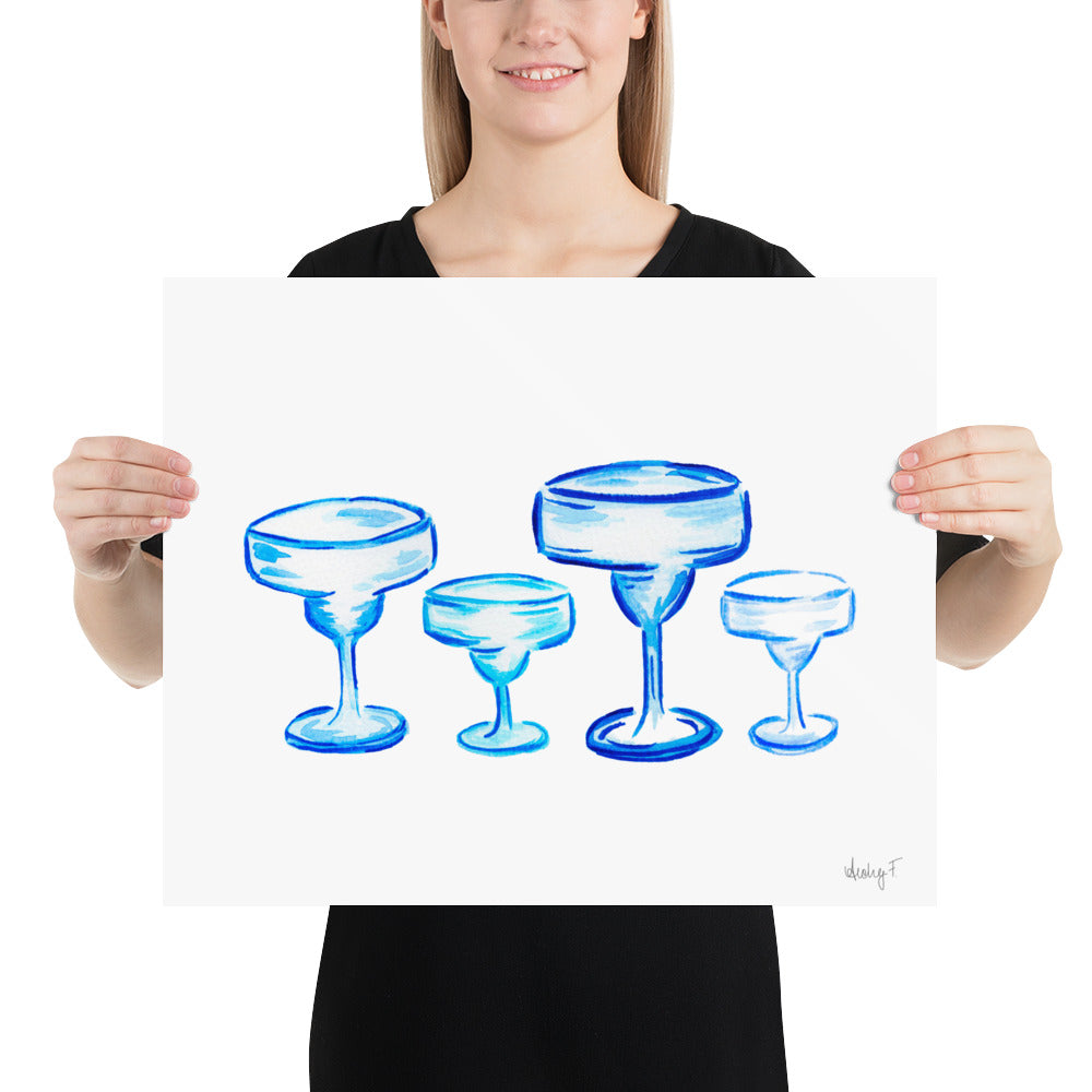 Print | Blue Margarita Glass Watercolor Quad | Bar Cart Cocktail Wall Art | Coastal Grandmother Preppy