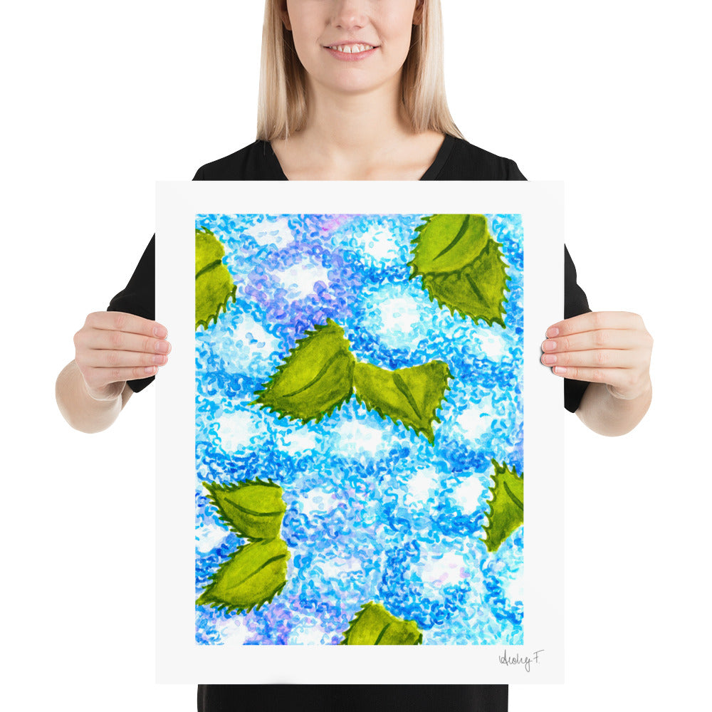 Print | Blue Hydrangea Blooms Watercolor | Coastal Grand Millenial Wall Art Decor | Hamptons |Nantucket New England Summer Garden