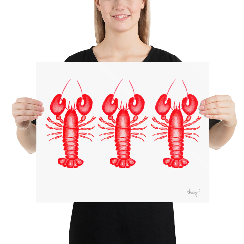 Print | Red Lobster Watercolor Trio | Coastal Nautical Ocean Decor Wall Art | New England Nantucket Capecod