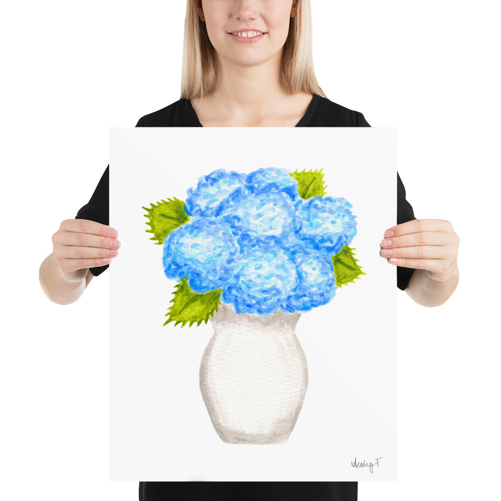 Print | Blue Hydrangea Blooms in Cream Vase Watercolor | Various Sizes