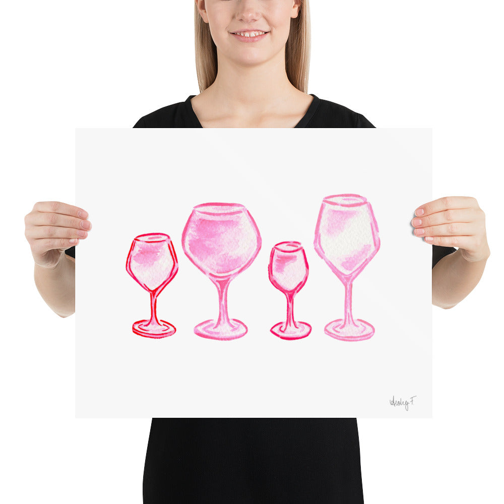 Print Pink Wine Glasses Watercolor Quad | Bar Cart Art Cocktail Wall Poster Kitchen