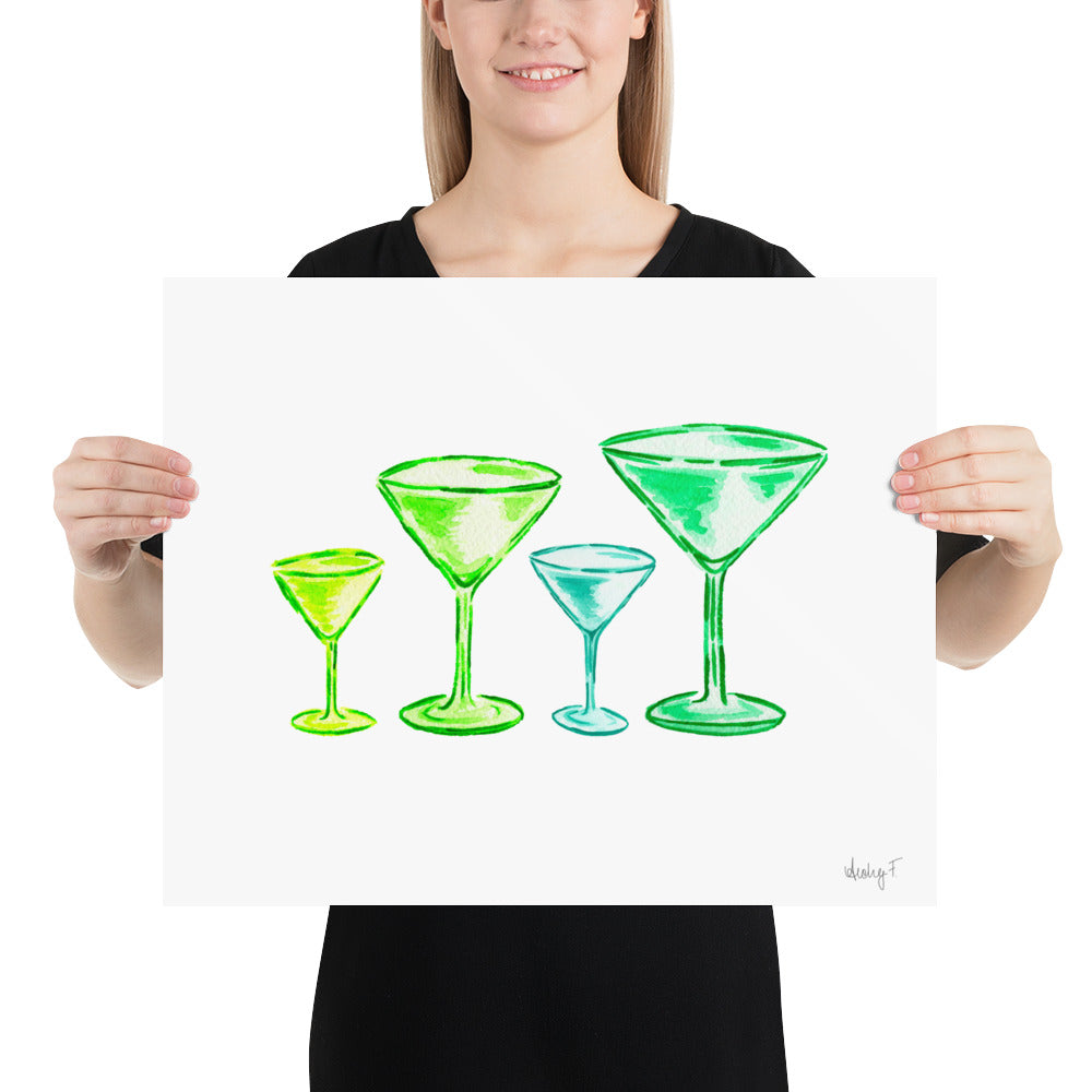 Print | Green Martini Glasses Quad Watercolor | Bar Cart Wall Poster Kitchen Decor Cocktail