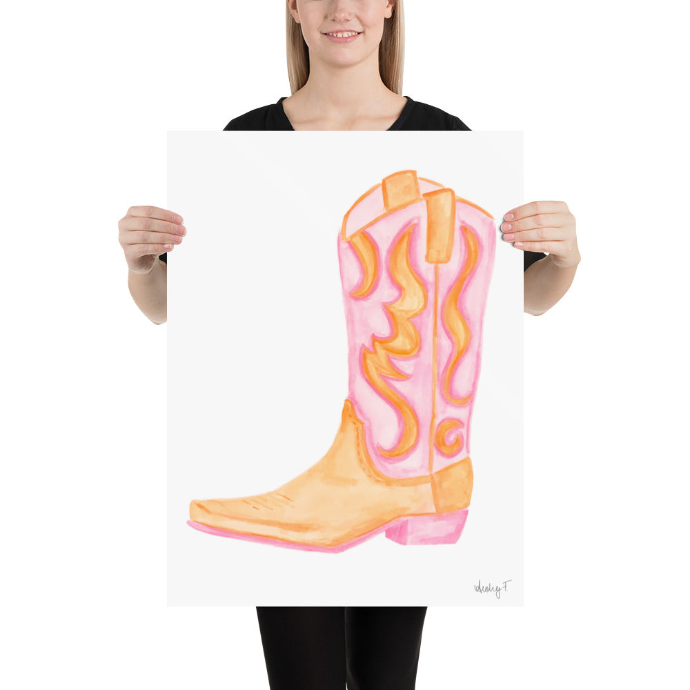 Print | Pink & Orange Cowboy Boot | Cowgirl Art | Dorm Decor | Southern | Preppy | Western | Coastal Cowgirl