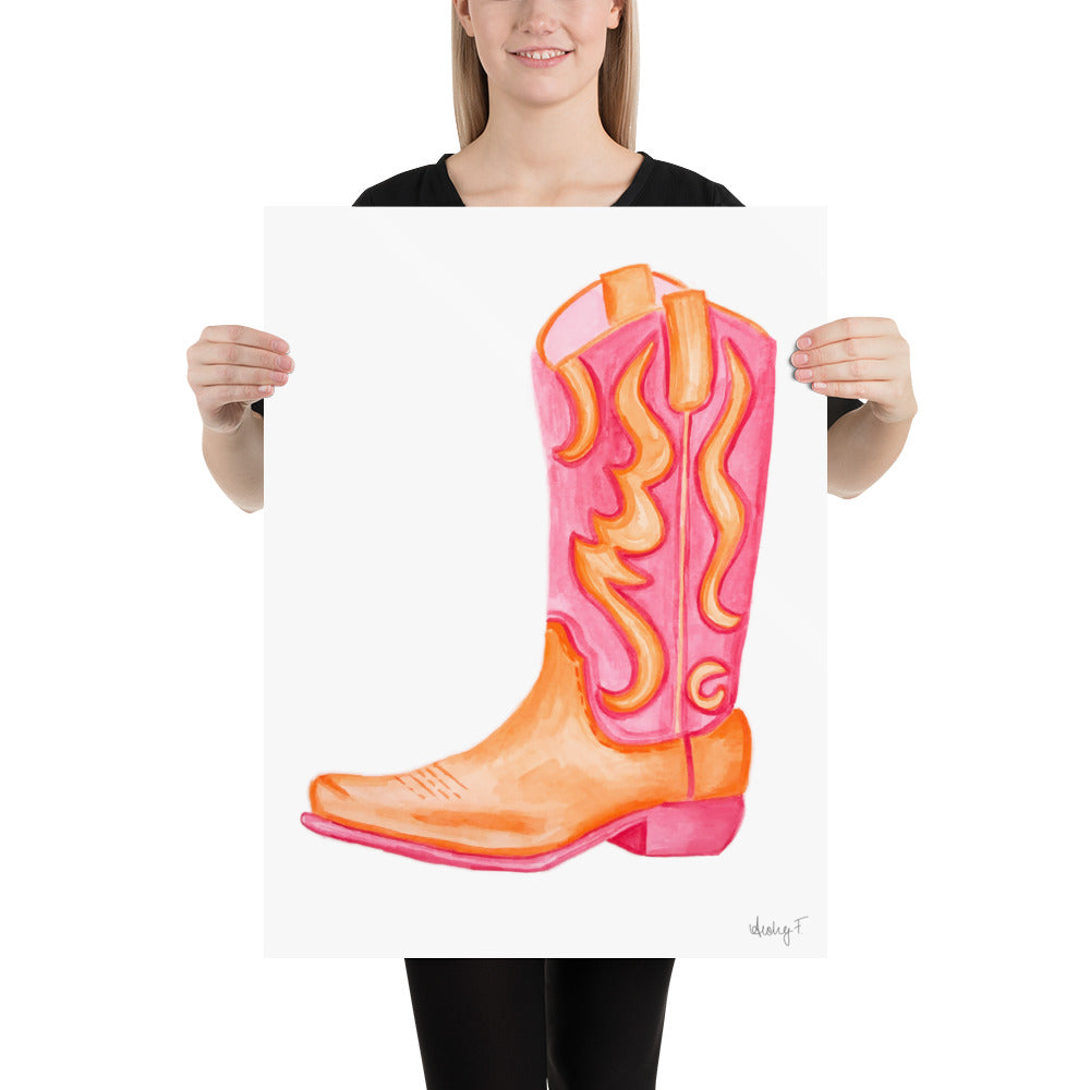 Print | Hot Pink & Orange Cowboy Boot Watercolor |  Coastal Cowgirl Southern Rustic Western Colorful Fun Dorm Room Poster Decor