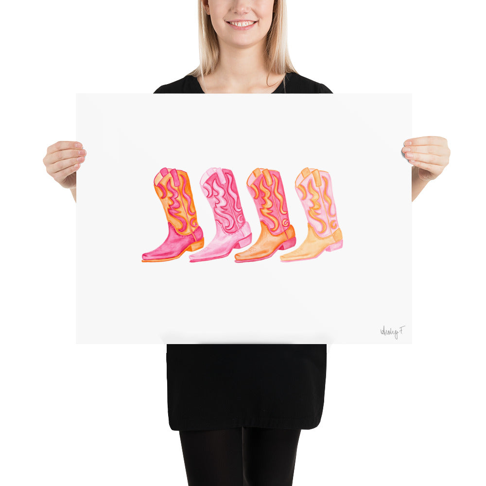 Print | Row of Mini Hot Pink & Orange Cowboy Boots Watercolor | Coastal Cowgirl Southern Rustic Western Colorful Fun Dorm Room Poster Decor