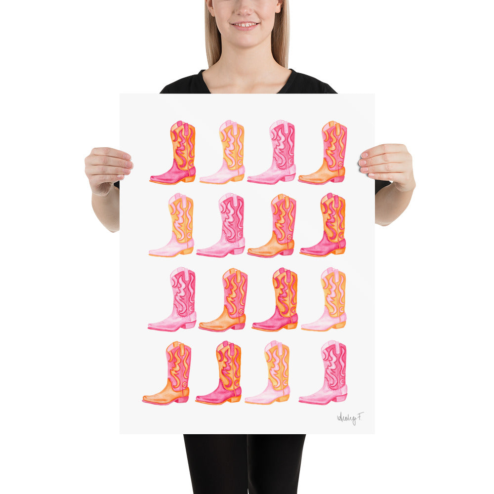 Print | Rows of Mini Hot Pink & Orange Cowboy Boots Watercolor |  Coastal Cowgirl Southern Rustic Western Colorful Fun Dorm Room Poster Decor