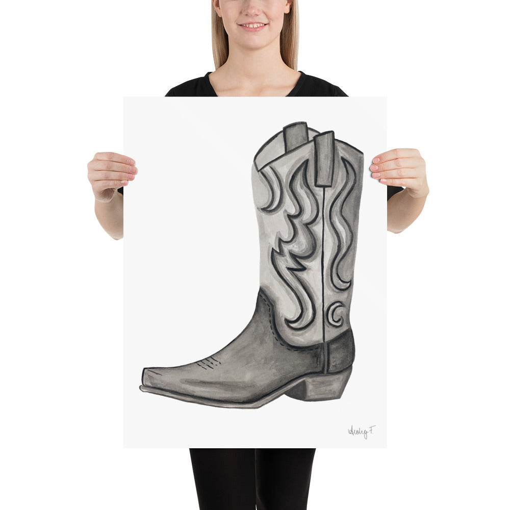 Print | Black & Gray Tonal Watercolor Cowboy Boot Painting Post | Rustic Decor | Southern | Western