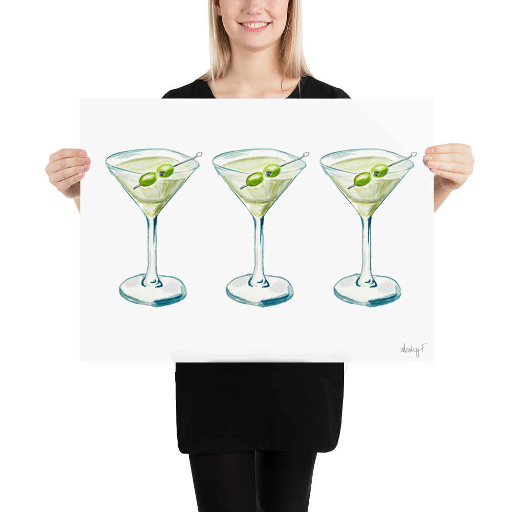 Print | Watercolor Green & Blue Martini Trio Painting | Bar Cart Decor | Cocktail Art Poster Poster