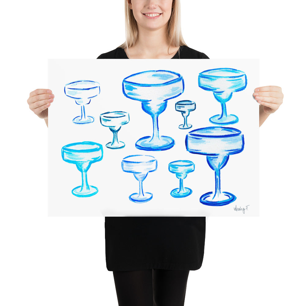 Print | Blue Margarita Glasses | Cocktail Bar Cart Kitchen Decor | Tequila | Coastal Cowgirl | Preppy Dorm