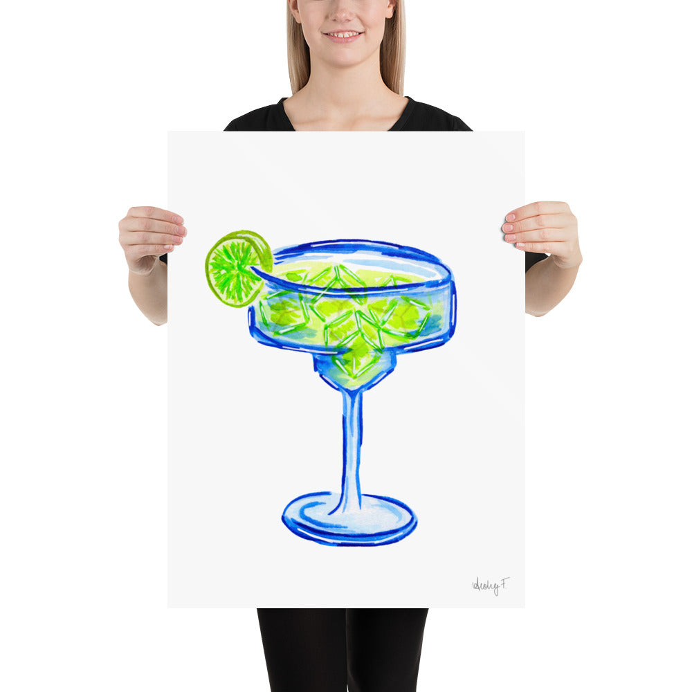 Print | Bright Blue Tequila Margarita Watercolor | Blue Green | Bar Cart Cocktail Kitchen Art Wall Decor | Coastal Cowgirl | Dorm Preppy