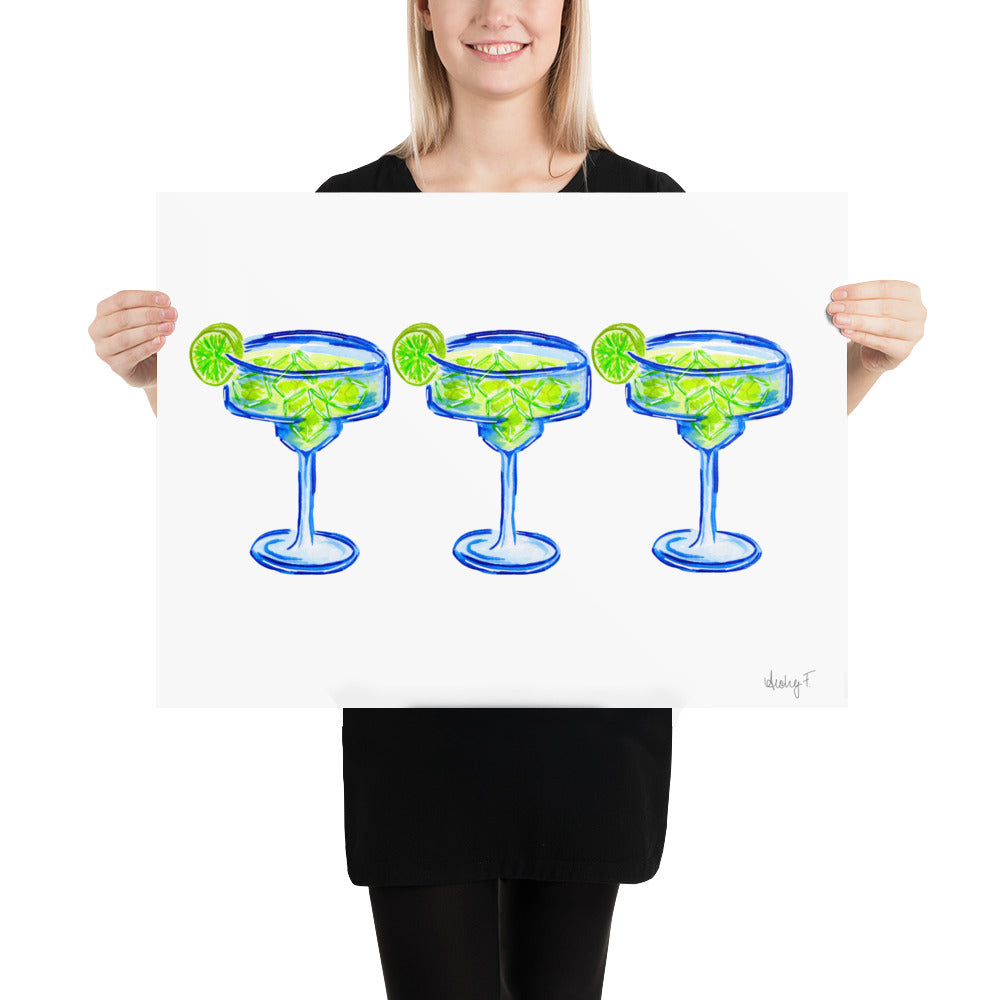 Print | Bright Blue Tequila Margarita Watercolor Trio| Blue Green | Bar Cart Cocktail Kitchen Art Wall Decor | Coastal Cowgirl | Dorm Preppy