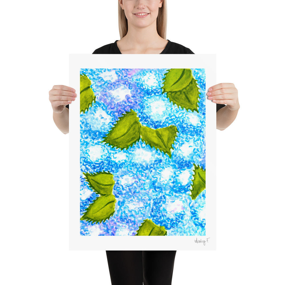 Print | Blue Hydrangea Blooms Watercolor | Coastal Grand Millenial Wall Art Decor | Hamptons |Nantucket New England Summer Garden