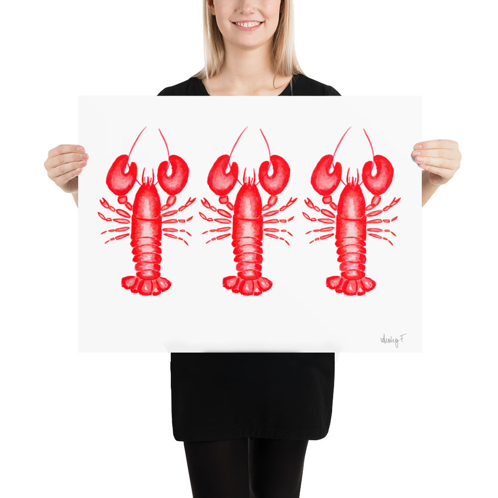 Print | Red Lobster Watercolor Trio | Coastal Nautical Ocean Decor Wall Art | New England Nantucket Capecod