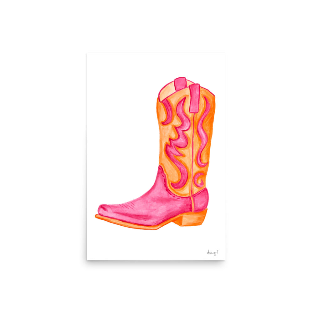 Print | Hot Pink & Orange Cowboy Boot Watercolor | Coastal Cowgirl Southern Rustic Western Colorful Fun Dorm Room Poster Decor